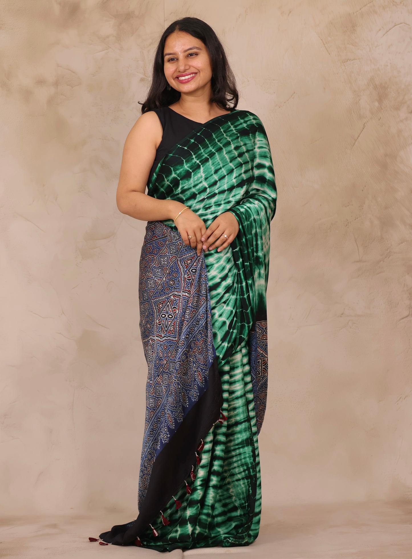 Tie & Dye Ajrakh Handblock Printed Modal Silk Saree | Looms & Tassels