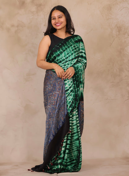Tie & Dye Ajrakh Handblock Printed Modal Silk Saree | Looms & Tassels