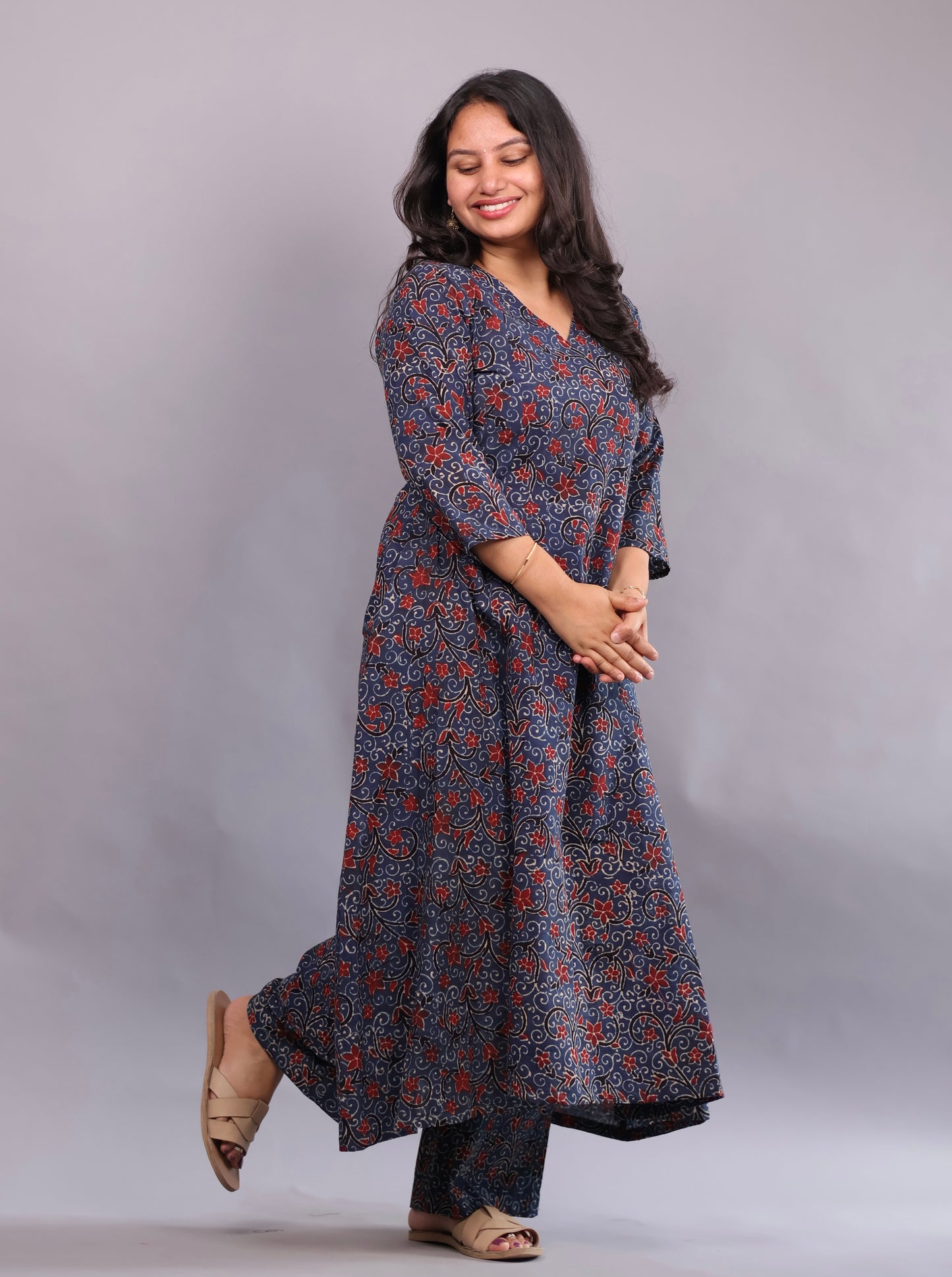 Indigo Ajrakh Handblock Printed Kali Kurti Co-ord Set (Pure Cotton ) | Looms & Tassels