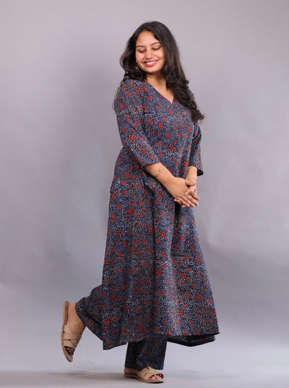 Indigo Ajrakh Handblock Printed Kali Kurti Co-ord Set (Pure Cotton ) | Looms & Tassels