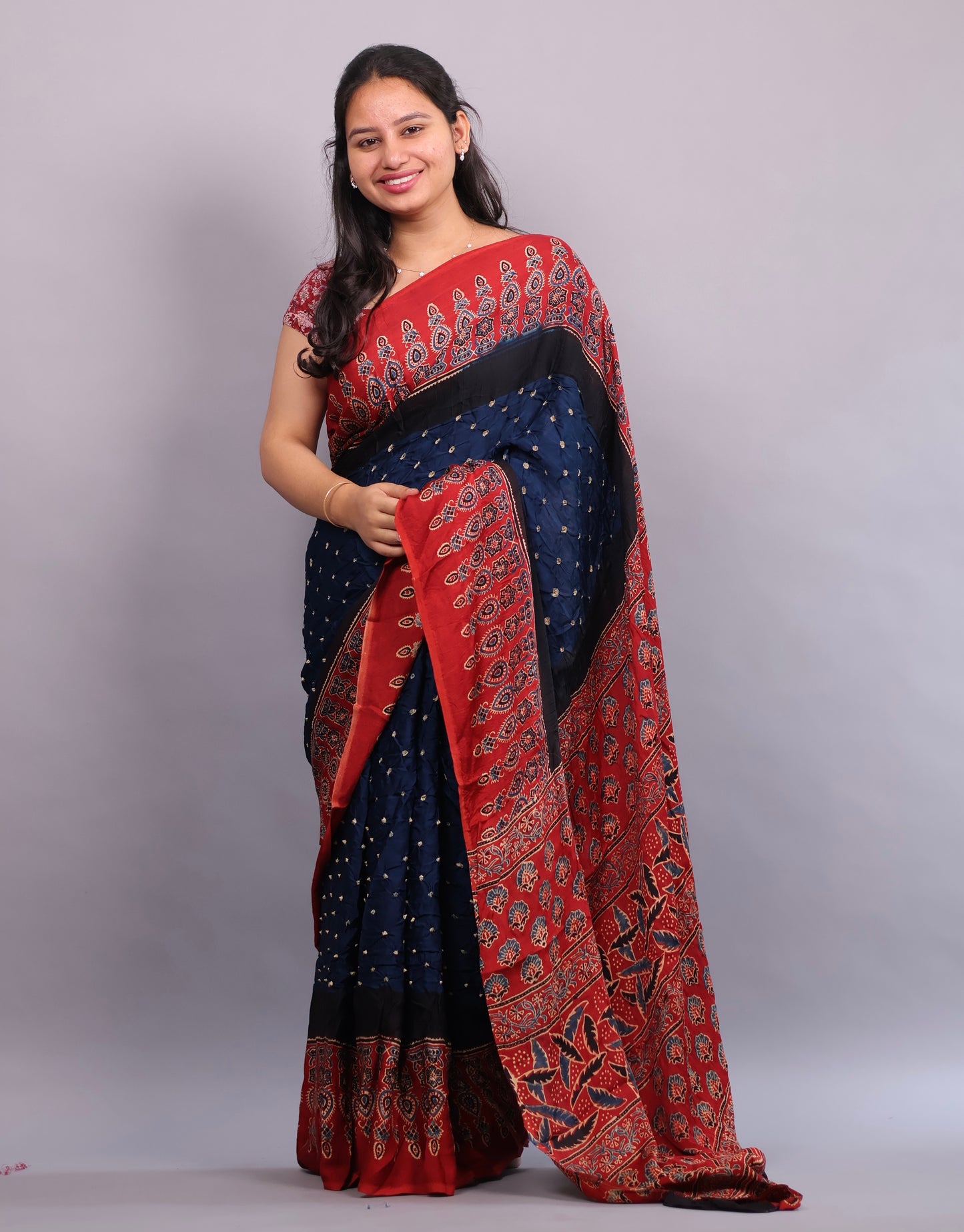 Cyan Blue Hand Knotted Ajrakh Bandhej Modal Silk Saree | Looms & Tassels