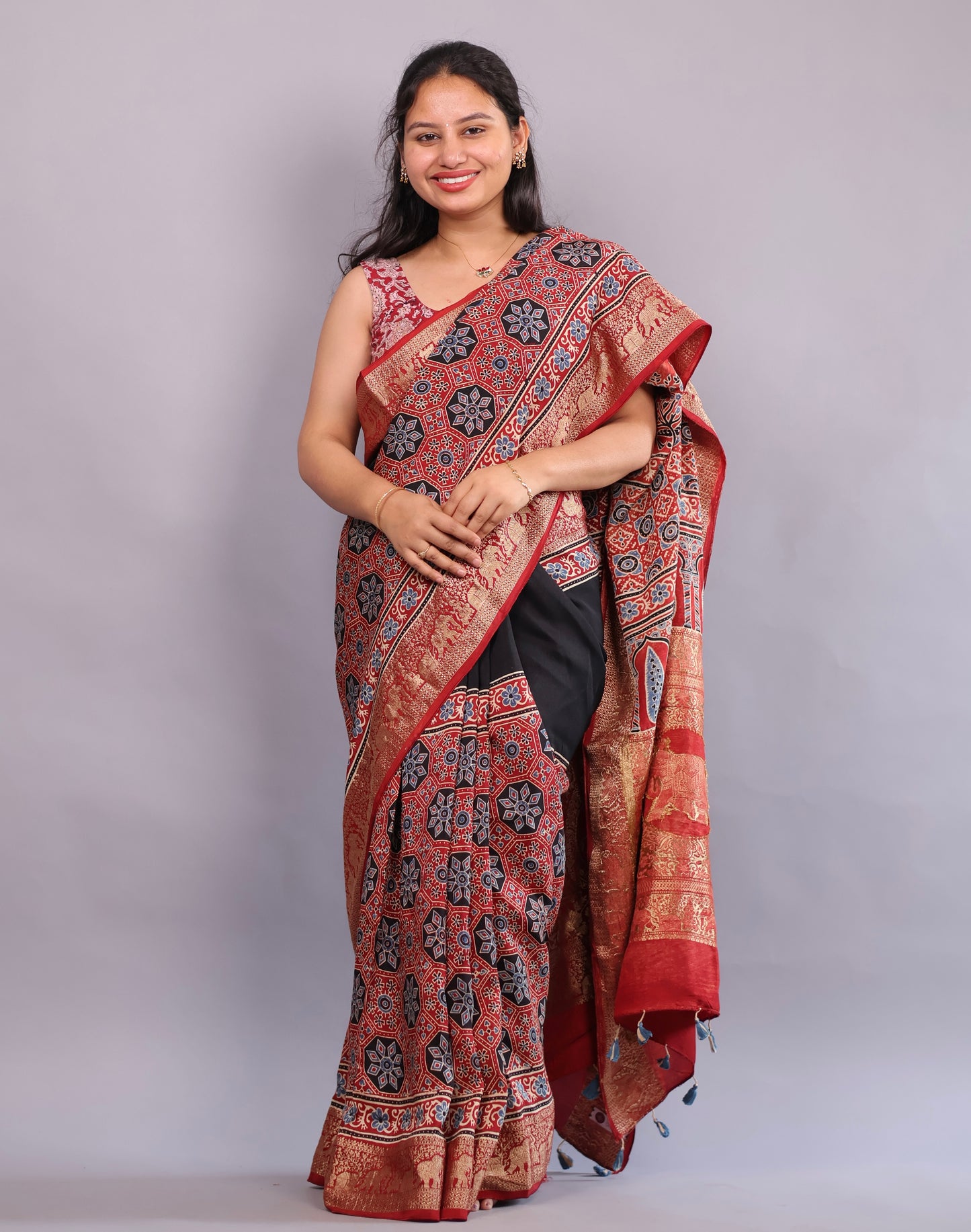 Black & Red Ajrakh Handblock printed Dola Silk Saree | Looms & Tassels