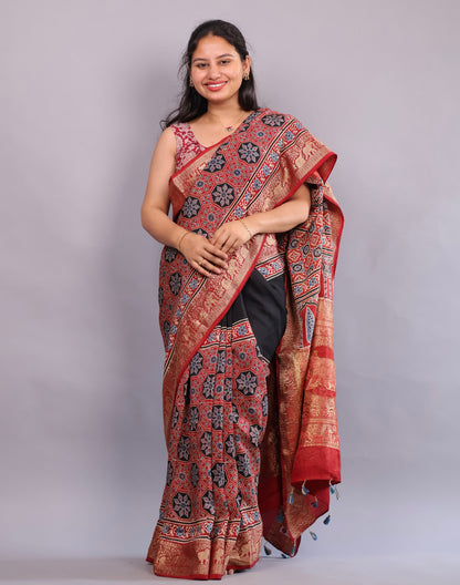 Black & Red Ajrakh Handblock printed Dola Silk Saree | Looms & Tassels