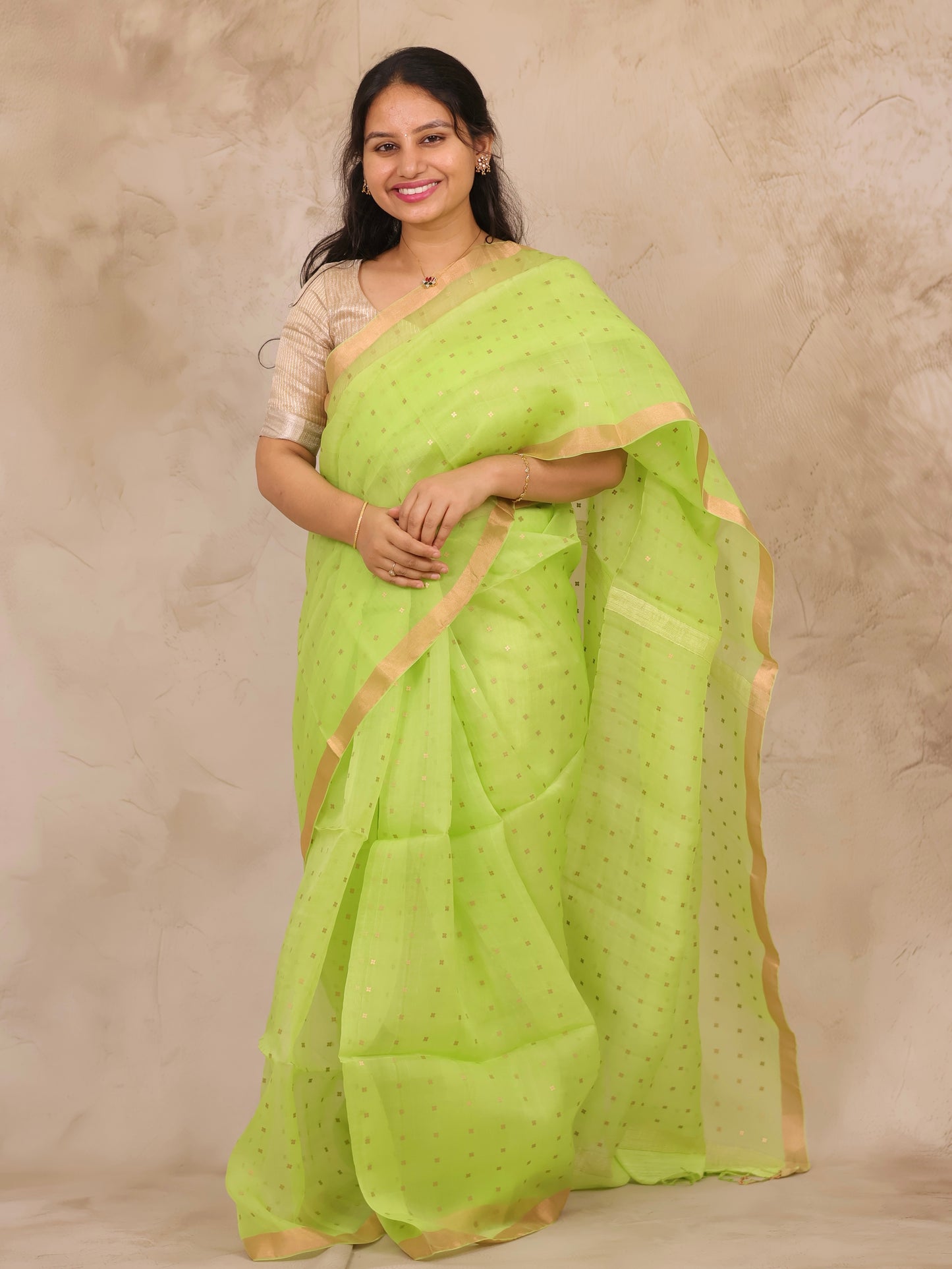 Pista Green Handwoven Muslin Silk Saree With Sequence Work | Looms & Tassels