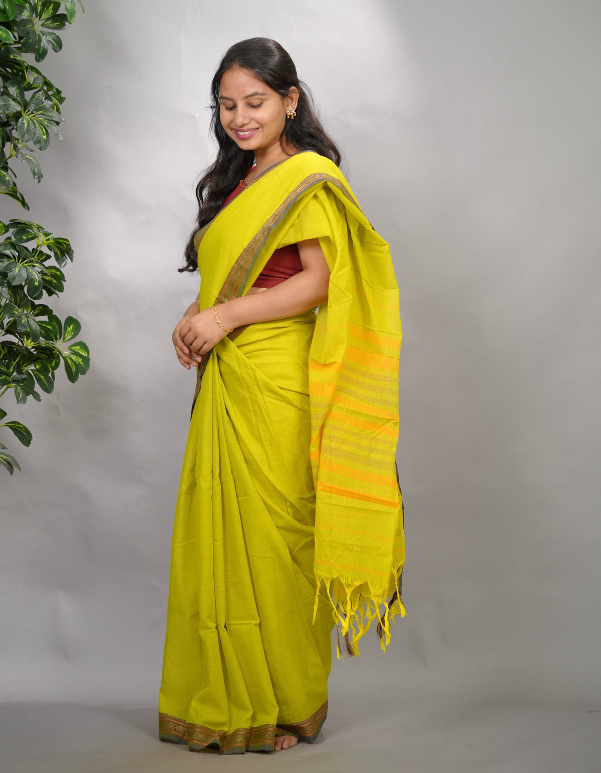 Lemon Green Narayanpet Cotton Saree | Looms & Tassels