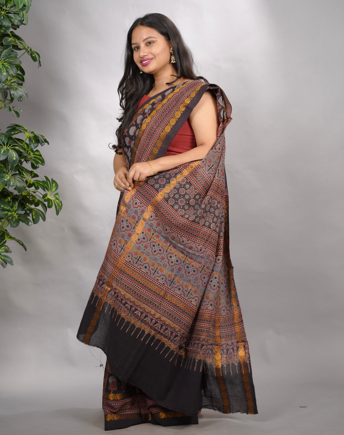 Black Ajrakh Hand Block Printed Sungudi Cotton Saree | Looms & Tassels