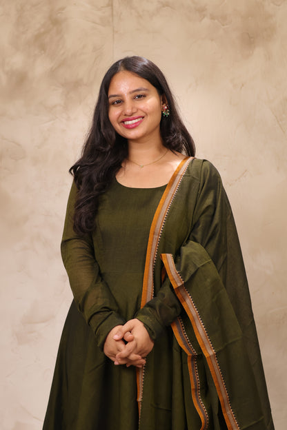 Mehendi Green Narayanpet Cotton Anarkali Dress with Narayanpet Dupatta | Looms & Tassels