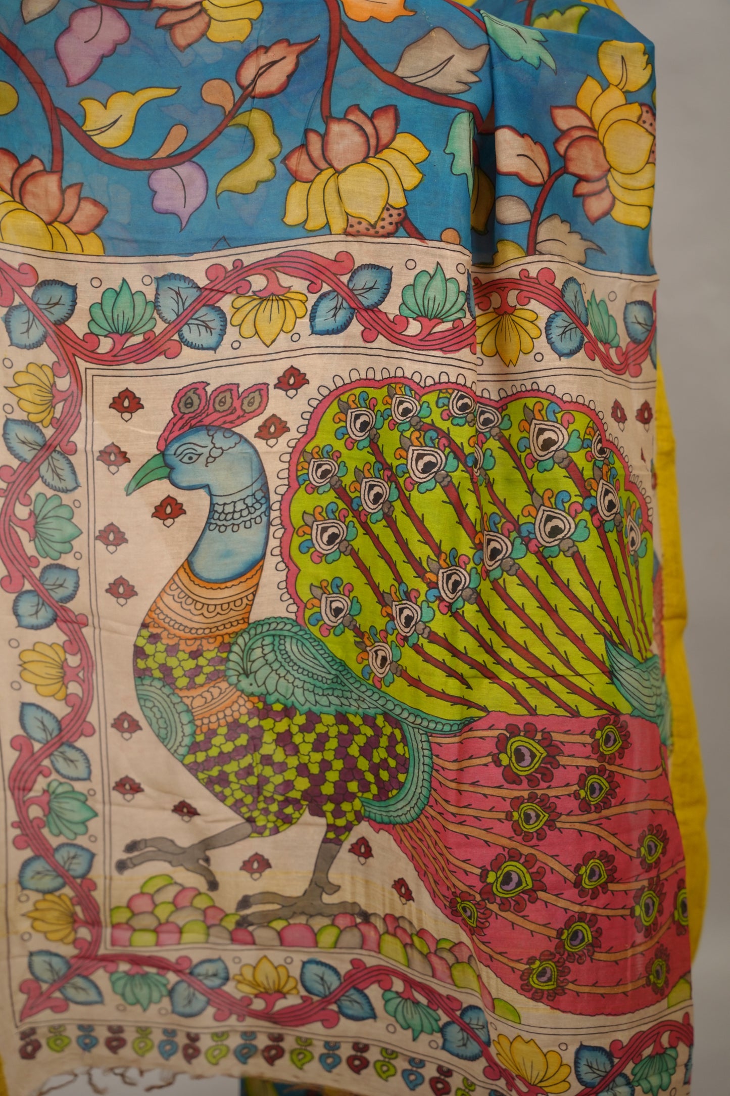 Hand Drawn Pen Kalamkari Rama Blue And Yellow Bangalore Silk Gicha Border Saree | Looms & Tassels