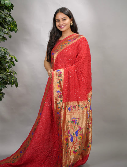 Red Handcrafted Bandhani Paithani Dola Silk Saree | Looms & Tassels