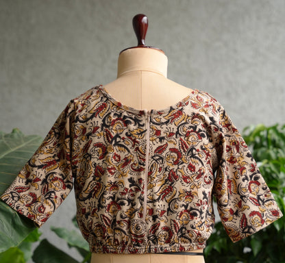 Cream Round Neck With Back Zip Stretchable Hand block printed kalamkari blouse