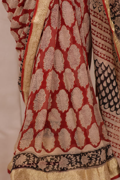 Maroon Chiffon Hand Block Printed Saree with Jari Border | Looms & Tassels
