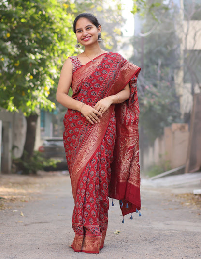 Red Ajrakh Dola Silk Saree