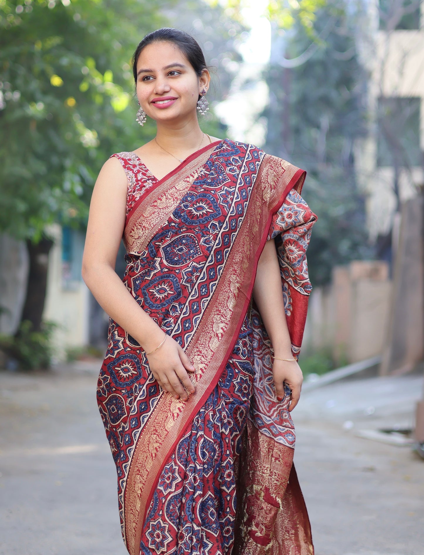 Ajrakh Dola Silk Saree