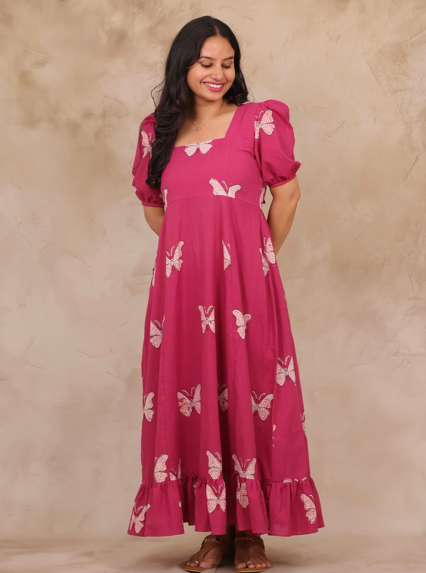 Pink Butterfly Print Pure Mul Cotton Maxi Dress | Looms & Tassels