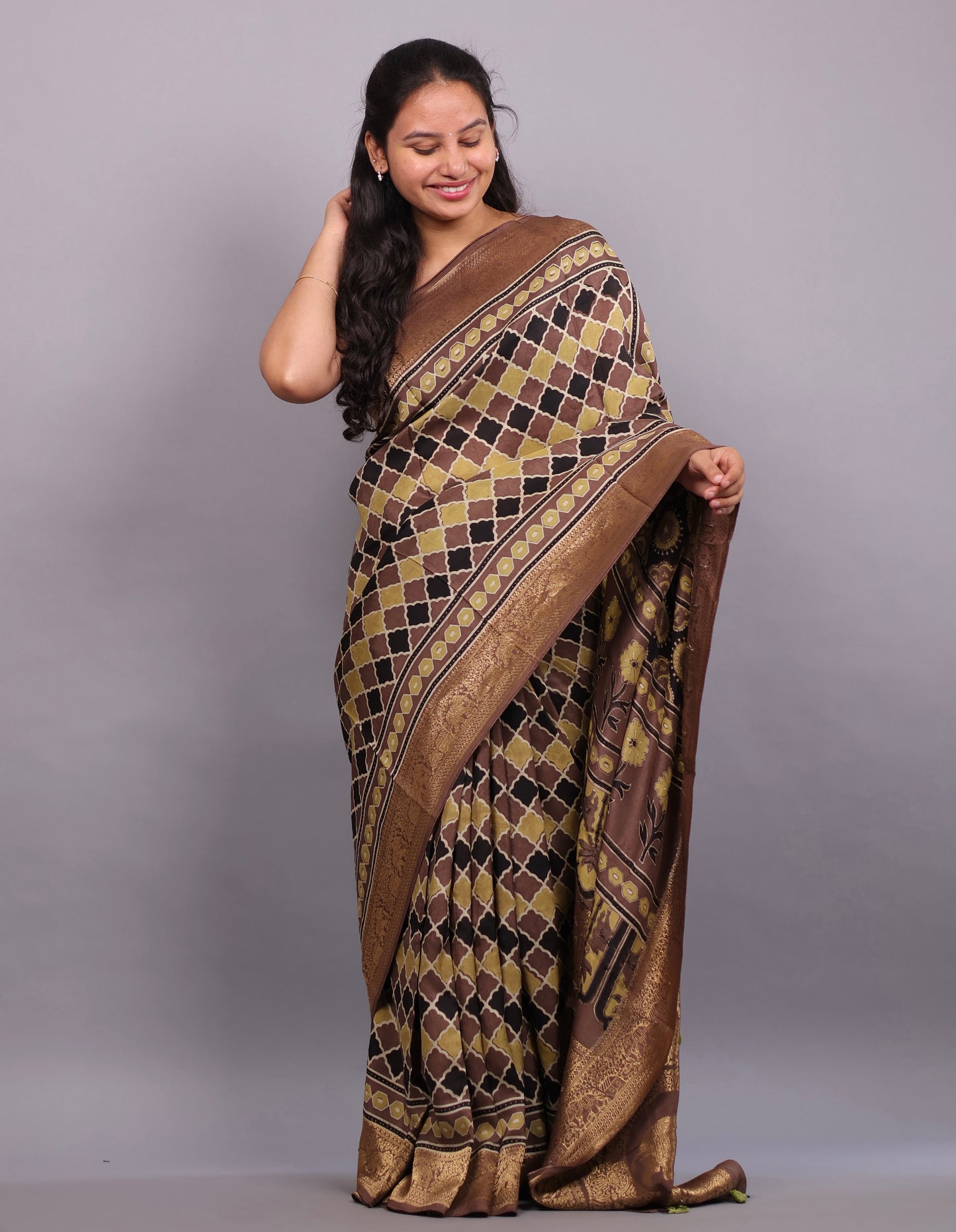 Antique Brown Geometrical Jal pattern Authentic  Ajrakh Hand Block printed Dola Silk Saree | Looms & Tassels