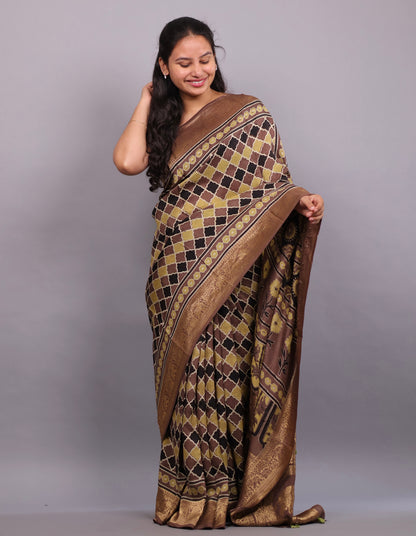 Antique Brown Geometrical Jal pattern Authentic  Ajrakh Hand Block printed Dola Silk Saree | Looms & Tassels