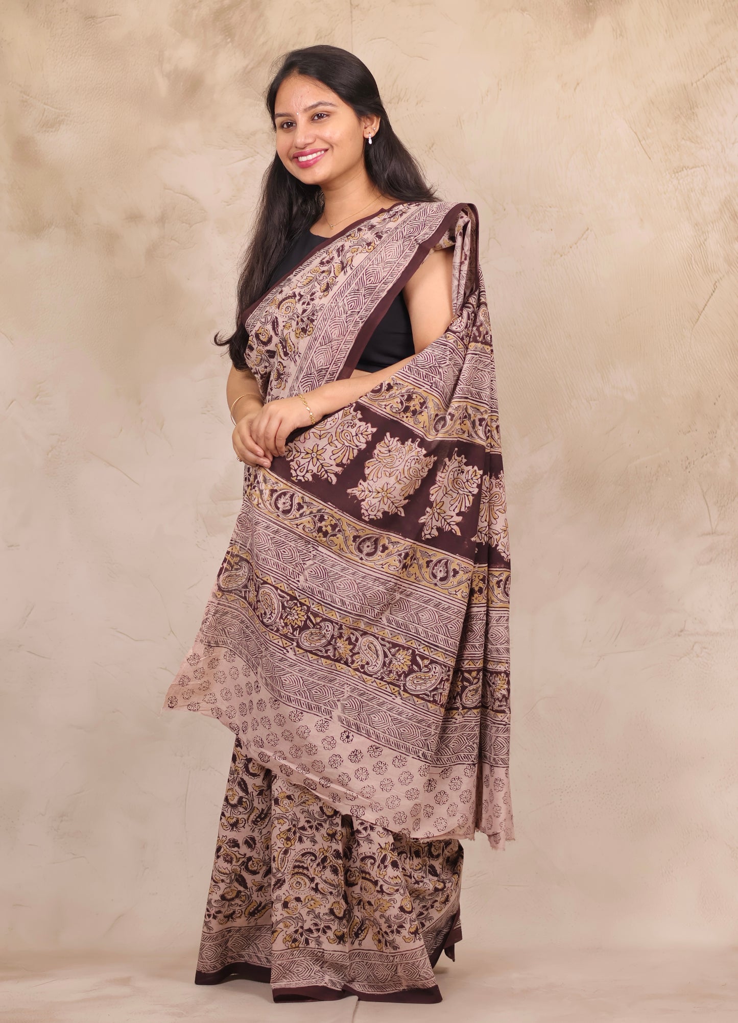 Cream Hand Block Printed Kalamkari Cotton Saree | Looms & Tassels