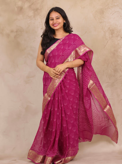 Magenta Pink Chiffon Hand Block Printed Saree with Jari Border | Looms & Tassels