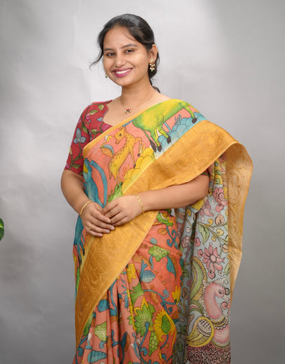 Peach Hand Drawn Pen Kalamkari Bangalore Silk Kanchi Border Saree | Looms & Tassels