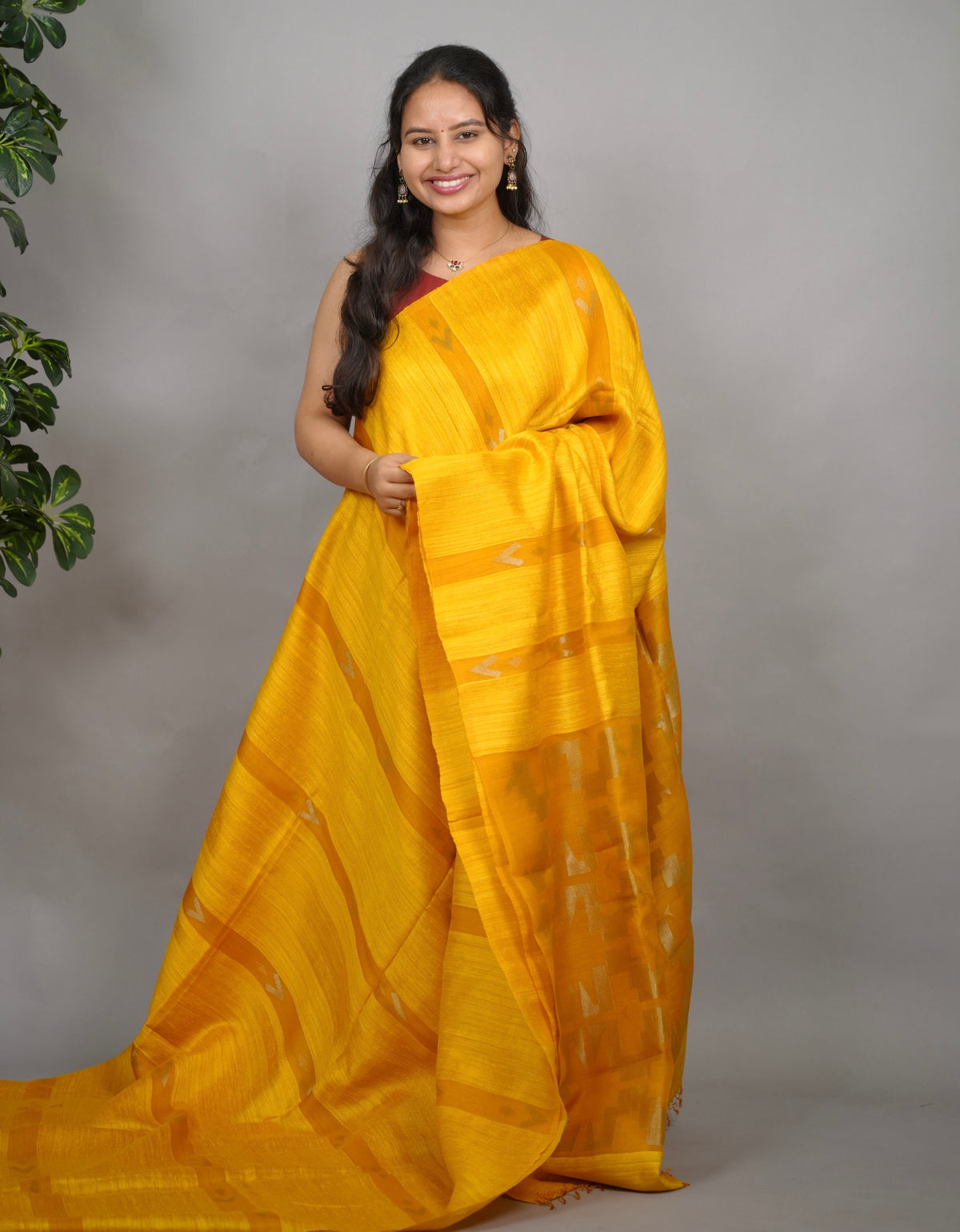 Yellow Handloom Jamdhani Pure Matka Silk Saree with Muslin Silk Pallu