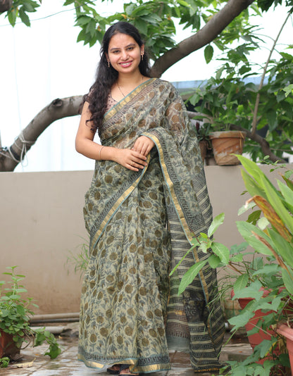Bagru Hand block printed Kota Doriya Saree