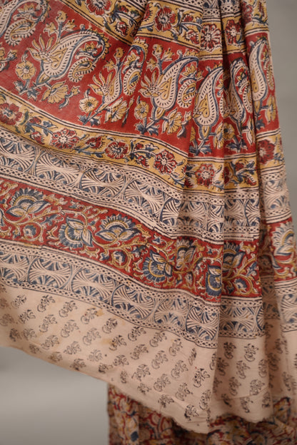Red Hand Block Printed Kalamkari Cotton Saree | Looms & Tassels