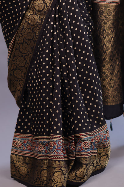 Black Polka Dots Ajrakh Handblock printed Dola Silk Saree | Looms & Tassels