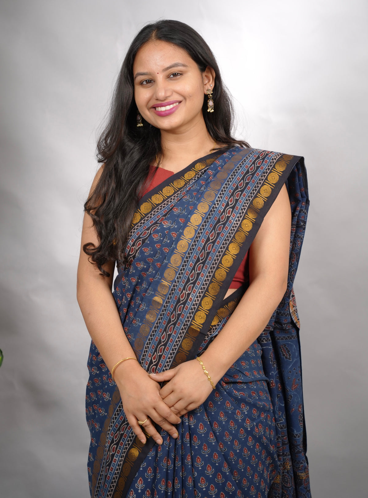 Indigo Ajrakh Hand Block Printed Sungudi Cotton Saree | Looms & Tassels