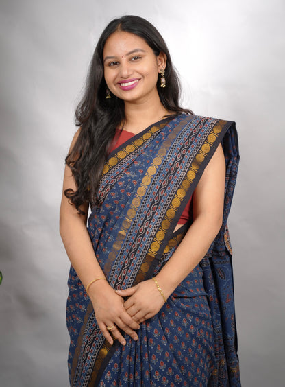 Indigo Ajrakh Hand Block Printed Sungudi Cotton Saree | Looms & Tassels