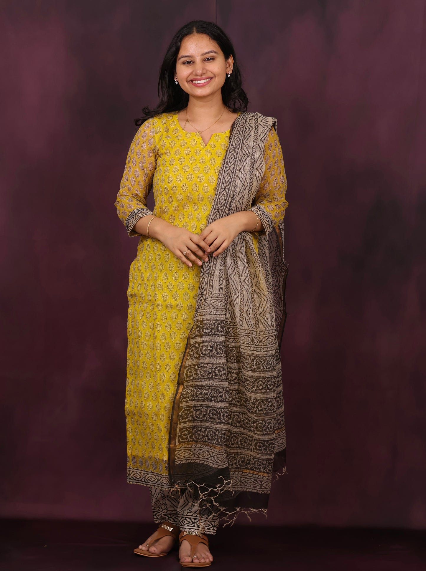 Yellow Handblock printed kota 3 piece suit (stitched)