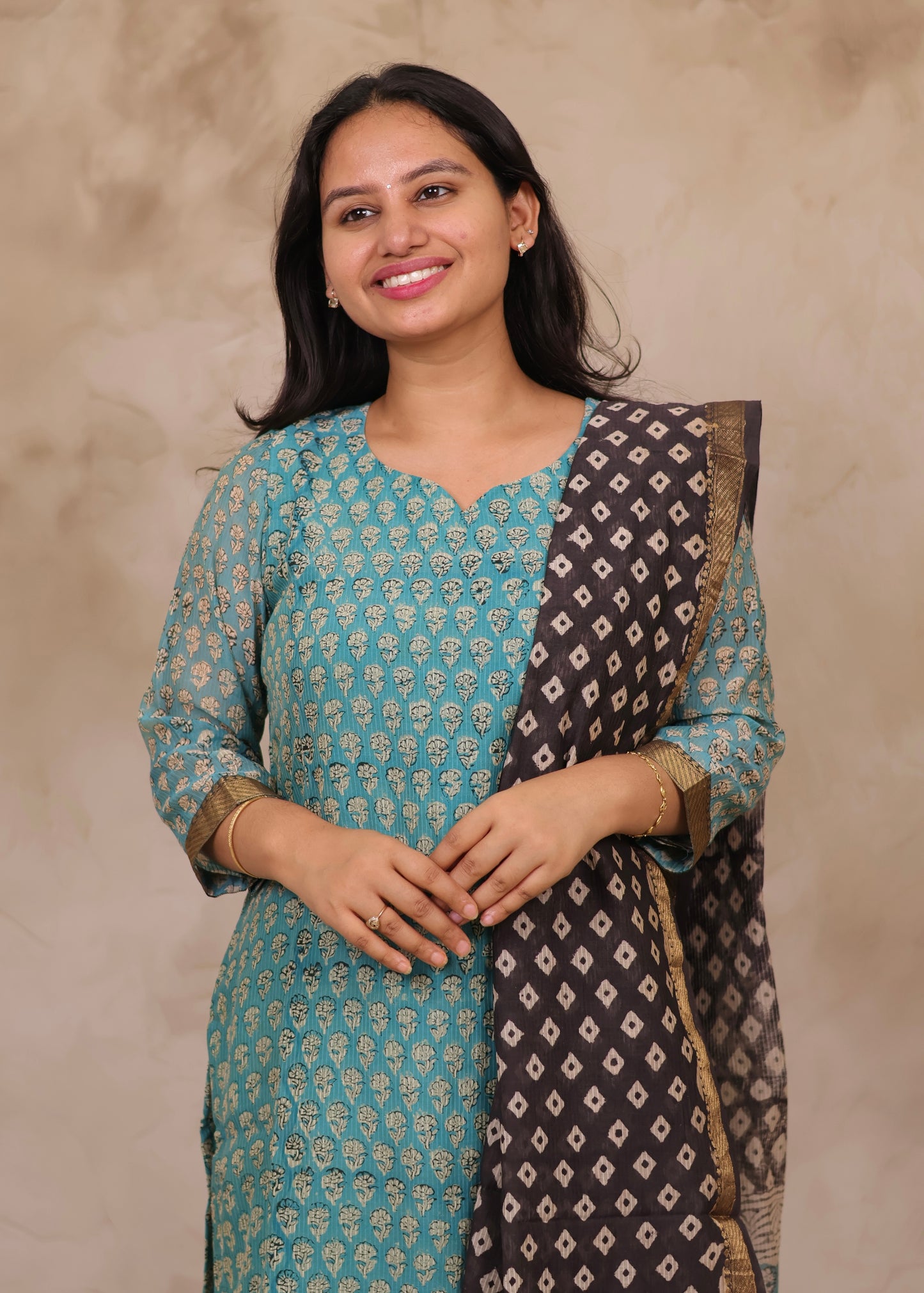 Powder Blue Handblock printed Pure Maheswari Silk 3 piece suit (stitched)