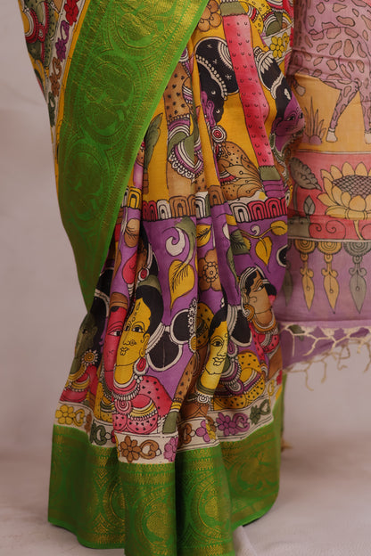 Hand Drawn Pen Kalamkari Lavender And Green Bangalore Silk Kanchi Border Saree | Looms & Tassels