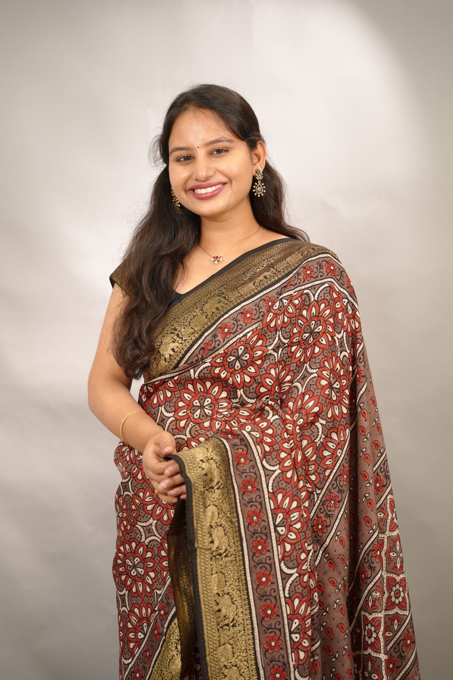 Ajrakh Handblock printed Dola Silk Saree | Looms & Tassels