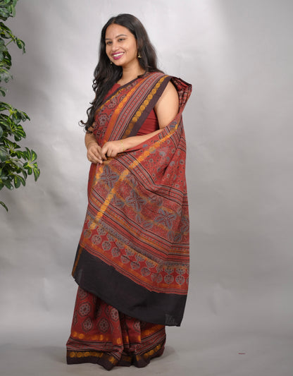 Maroon Ajrakh Hand Block Printed Sungudi Cotton Saree | Looms & Tassels