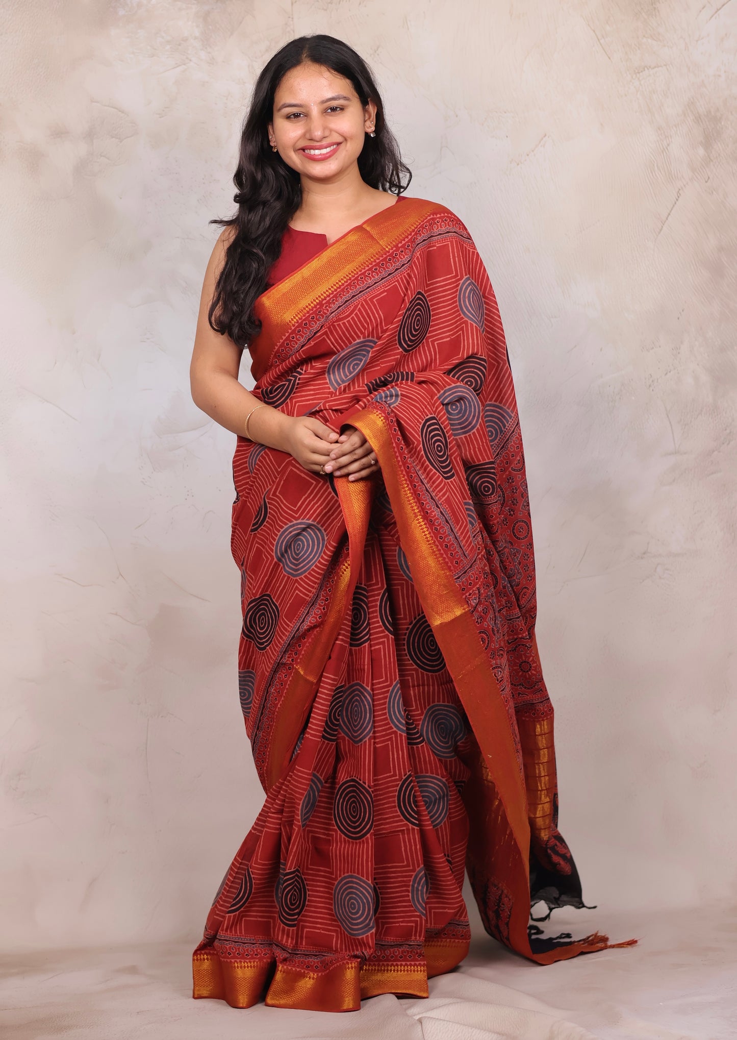 Red Ajrakh Hand Block Printed Mangalagiri Cotton Saree | Looms & Tassels