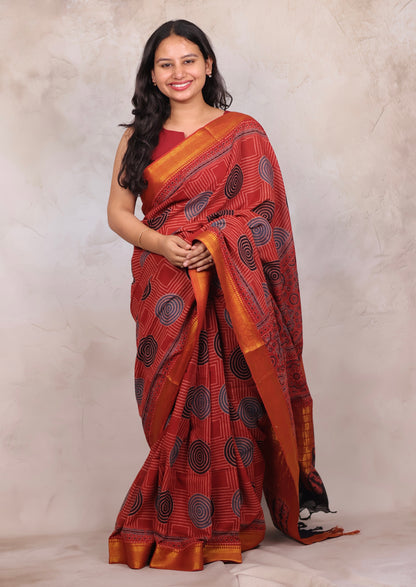 Red Ajrakh Hand Block Printed Mangalagiri Cotton Saree | Looms & Tassels