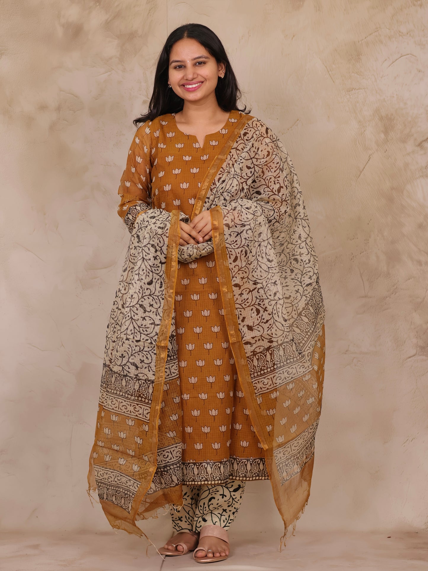 Mustard Handblock printed kota 3 piece suit (stitched)