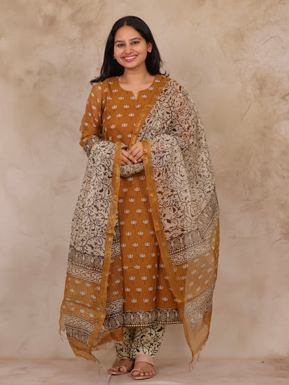 Mustard Handblock printed kota 3 piece suit (stitched)