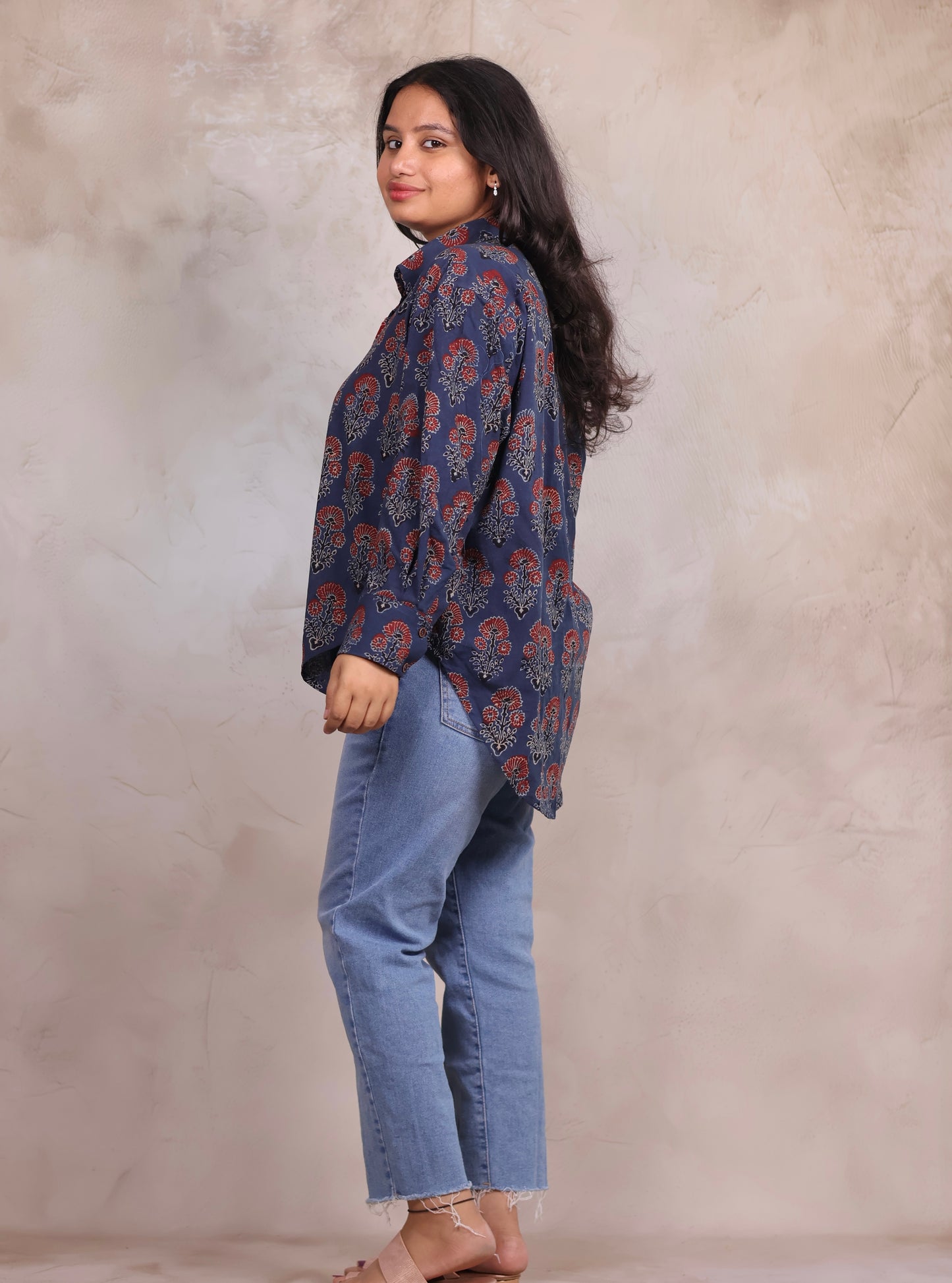 Indigo Ajrakh Handblock Printed Patch Work Shirt (Pure Cotton ) | Looms & Tassels