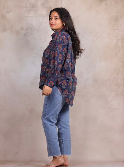 Indigo Ajrakh Handblock Printed Patch Work Shirt (Pure Cotton ) | Looms & Tassels
