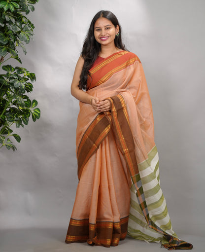 Peach Narayanpet Cotton Saree With Ganga And Jamuna Border | Looms & Tassels