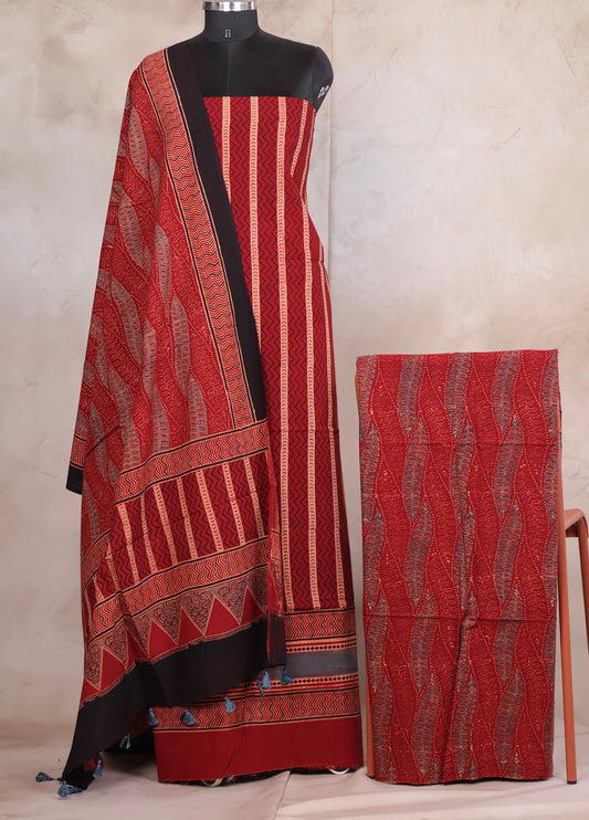Maroon Stripes Ajrakh Handblock Printed Pure Cotton 3 piece suit set | Looms & Tassels