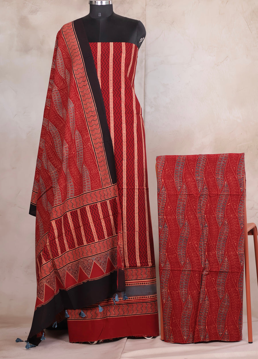 Maroon Stripes Ajrakh Handblock Printed Pure Cotton 3 piece suit set | Looms & Tassels