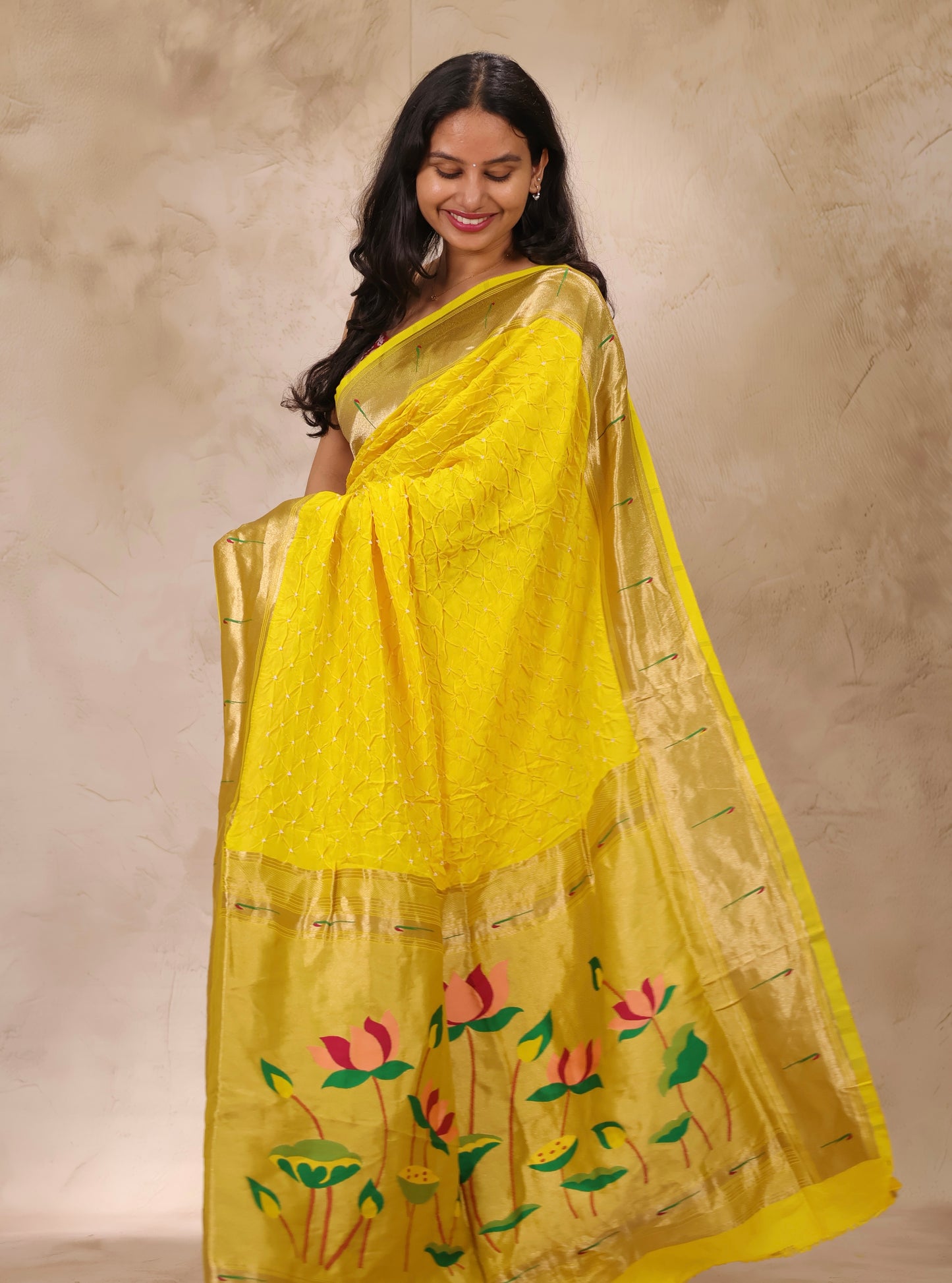 Yellow Handcrafted Bandhani Paithani Dola Silk Saree | Looms & Tassels