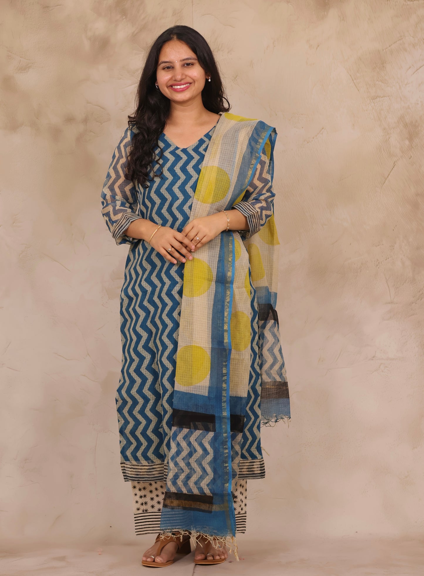 Cyan Blue Contemporary Handblock printed kota 3 piece suit (stitched)