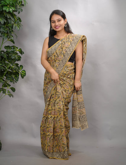Mustard Hand Block Printed Kalamkari Cotton Saree | Looms & Tassels