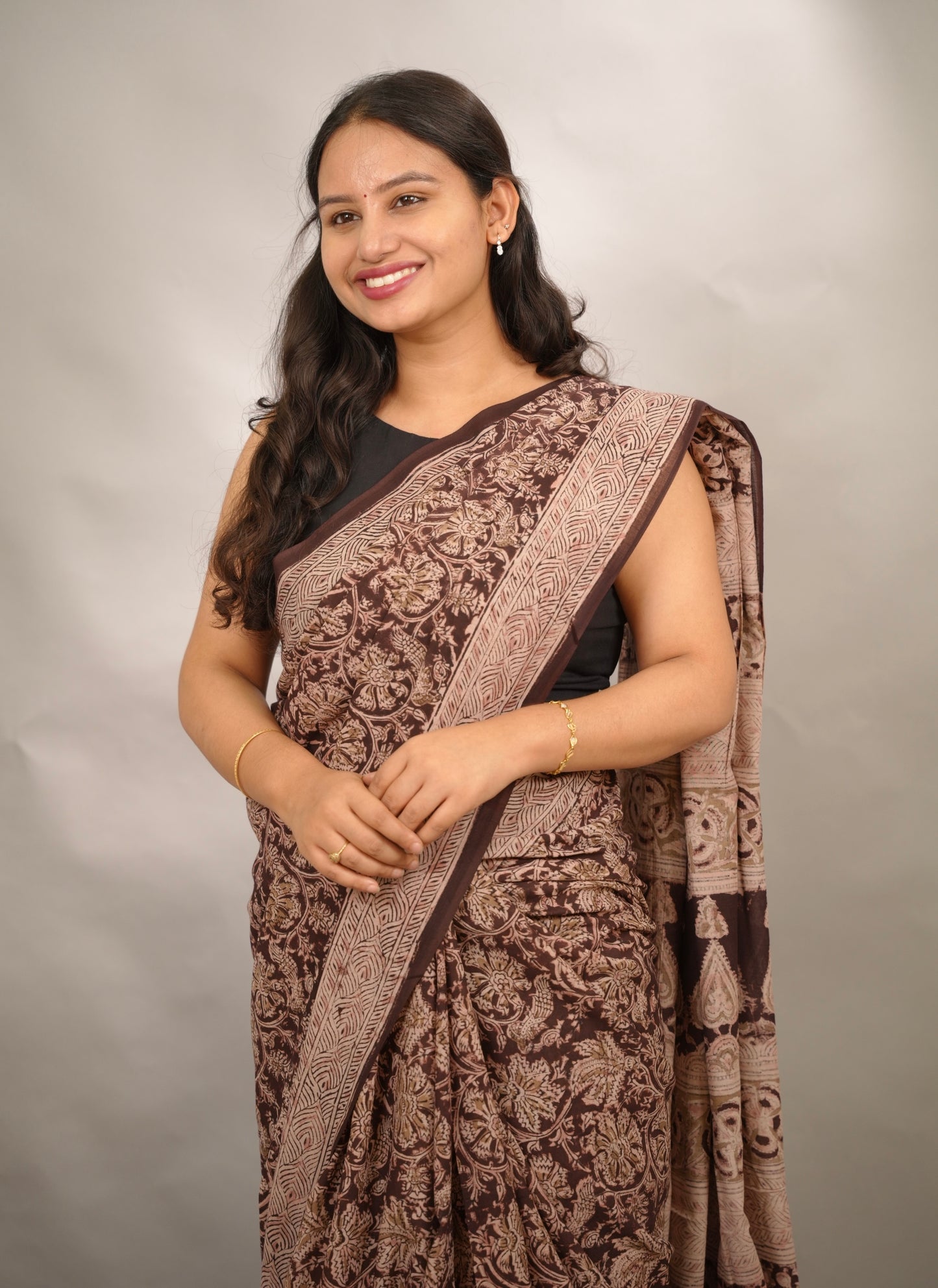 Maroon Hand Block Printed Kalamkari Cotton Saree | Looms & Tassels