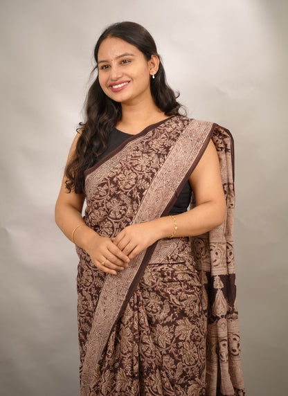 Maroon Hand Block Printed Kalamkari Cotton Saree | Looms & Tassels