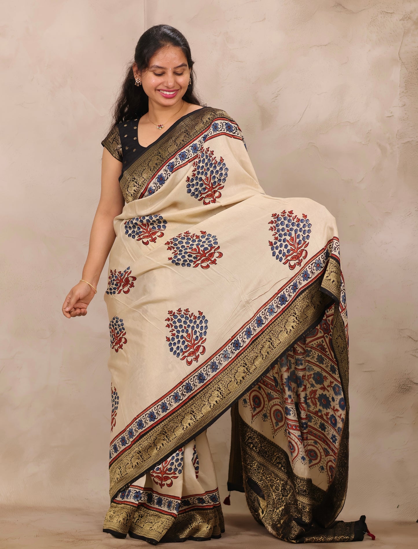 Cream Ajrakh Handblock printed Dola Silk Saree | Looms & Tassels
