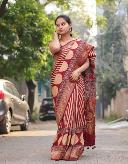 Ajrakh Dola Silk Saree